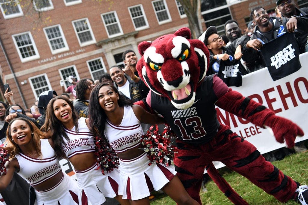 Morehouse tiger mascot #13 with cheerleaders at Charles Merrill Hall