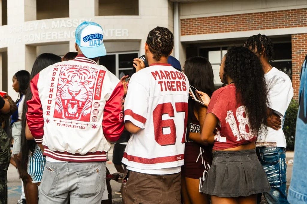 Morehouse jackets from behind at homecoming